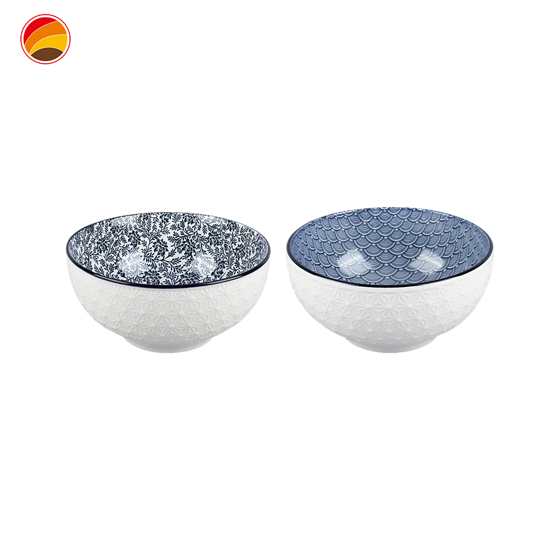 Hot sale emboss ceramic ramen bowls japanese pad printing blue and white porcelain bowl