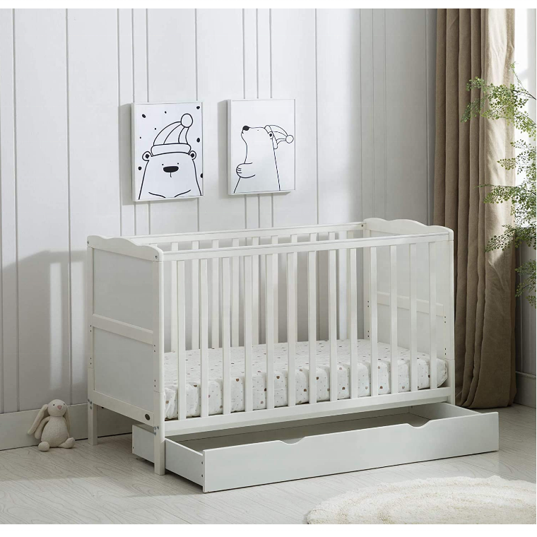 White Wooden Baby Cot Bed With Drawer
