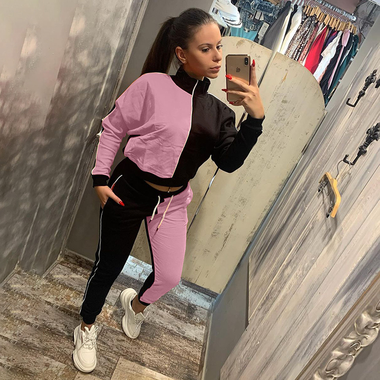 2021 Fall Women Sport Style Contrast Color Stand Neck Patchwork Matching 2 Piece Workout Long Sleeve Pant Set