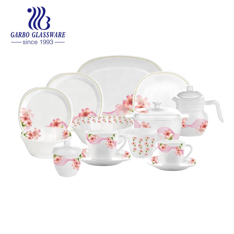 Square Opal Dinnerware Set with customer flower decal designs Opal Glassware Dinner Set plates and bowls 58pcs Opal dinner set