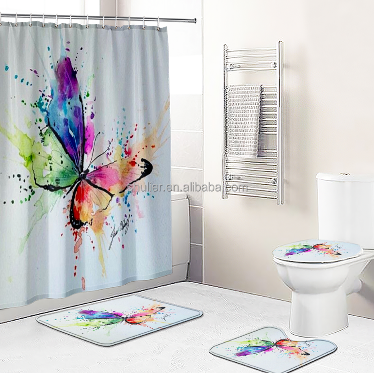 Butterfly Pattern Design Cheap Cartoon Bath Shower Curtains Liner Sets With Rugs Mats For Bathroom 4pcs set