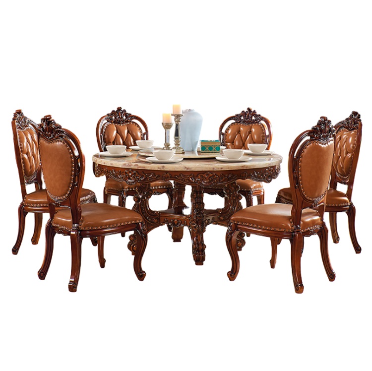 European popular luxury carved furniture vintage round dining table set 6 chairs wooden dining tables