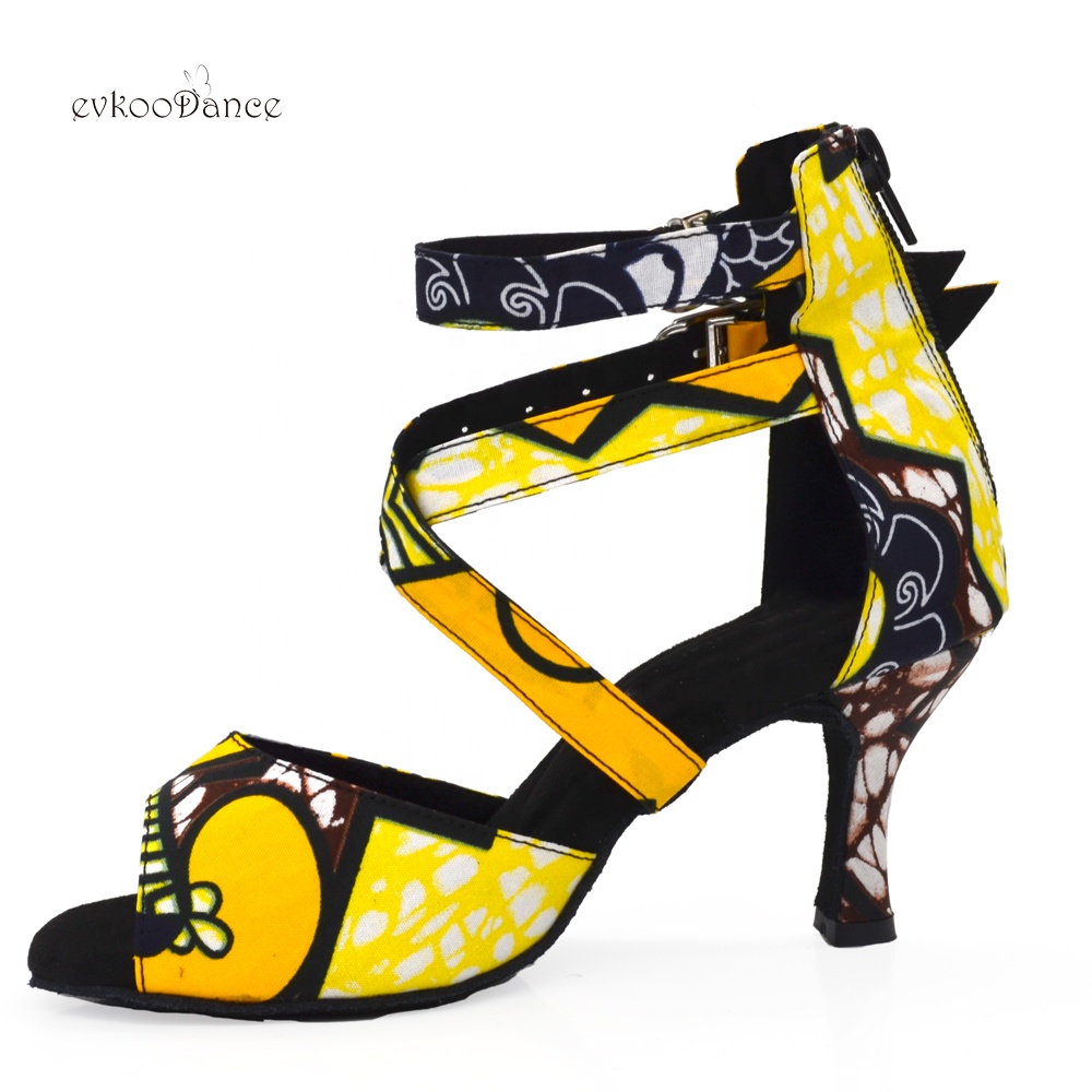 Evkoodance Европейская мода на высоком каблуке желтая африканская ткань девушки женщины латинские танцевальные туфли с красивым дизайном