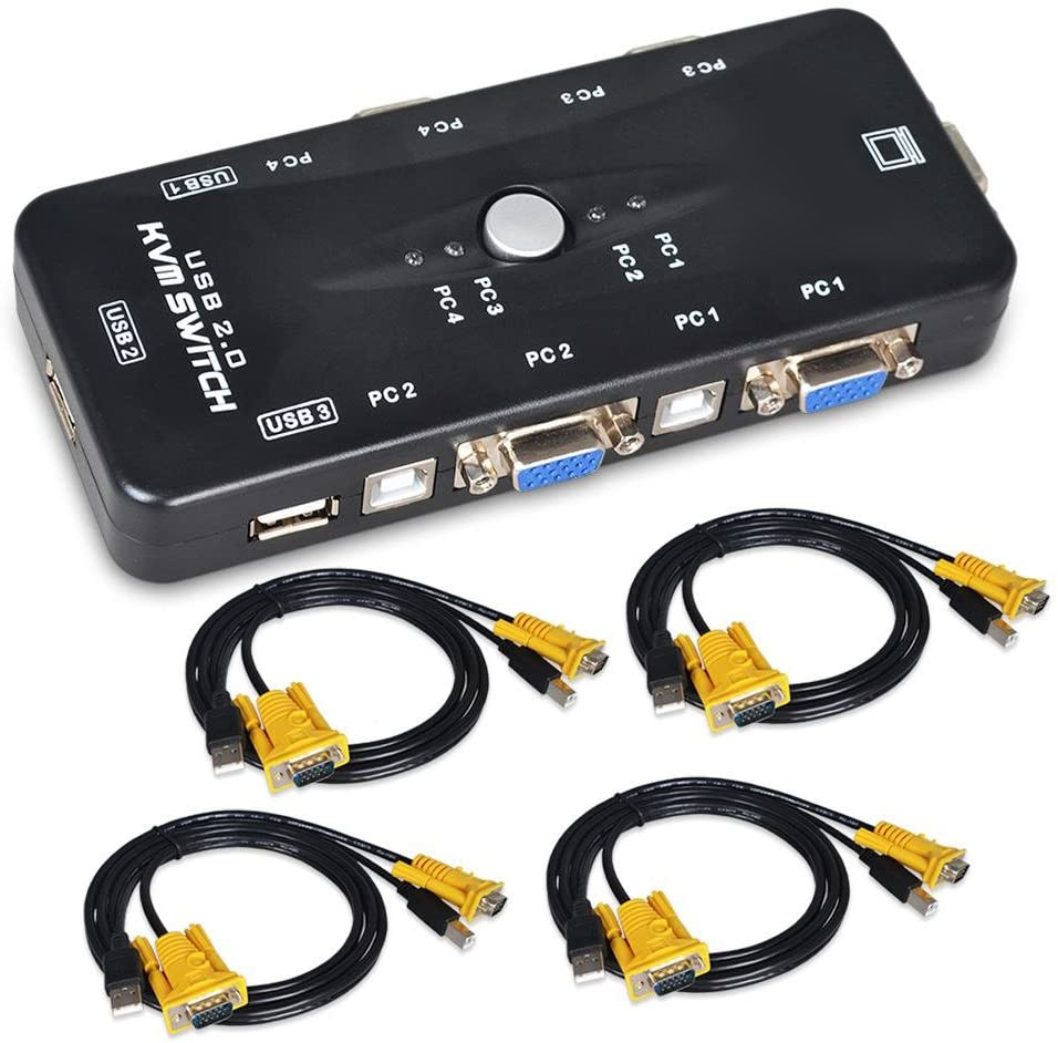 KVM-переключатель, 4 порта, ПК-монитор, переключатели + 4 USB-кабеля VGA для компьютера/клавиатуры/мыши, подключи и работай