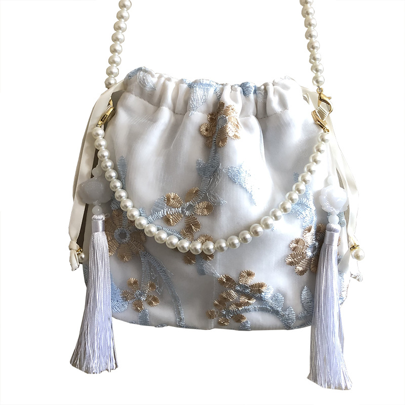 2021 Women Cell Phone Pearl Chain Net Yarn Embroidery Elegant Single Shoulder Crossbody Bag Custom
