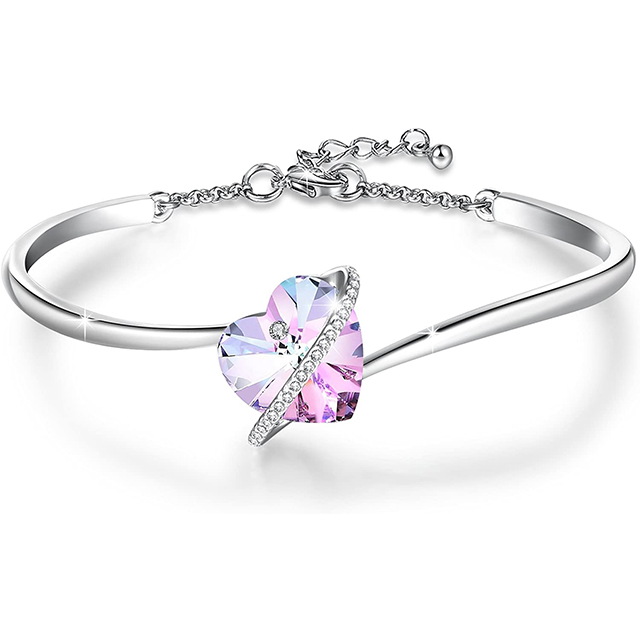 Austria Crystal Bangle Love Heart Bangle Bracelets 925 Sterling silver Bangle for Women Girls Jewelry Adjustable