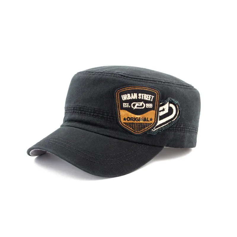 Flat top worker hat with custom patches washed hat