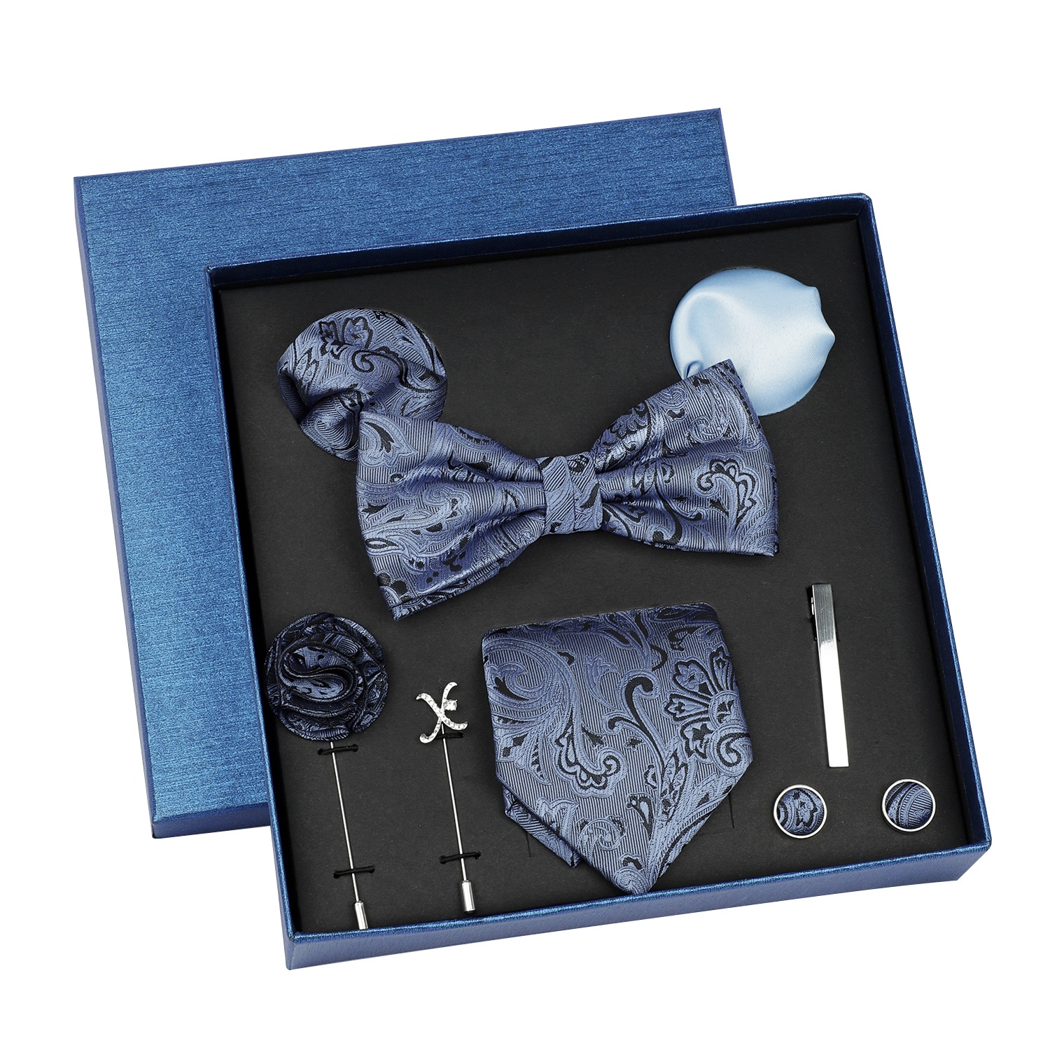Men Ties Set Classic Polyester Necktie with Bow Tie Handkerchief Cufflinks Tie Clip Formal