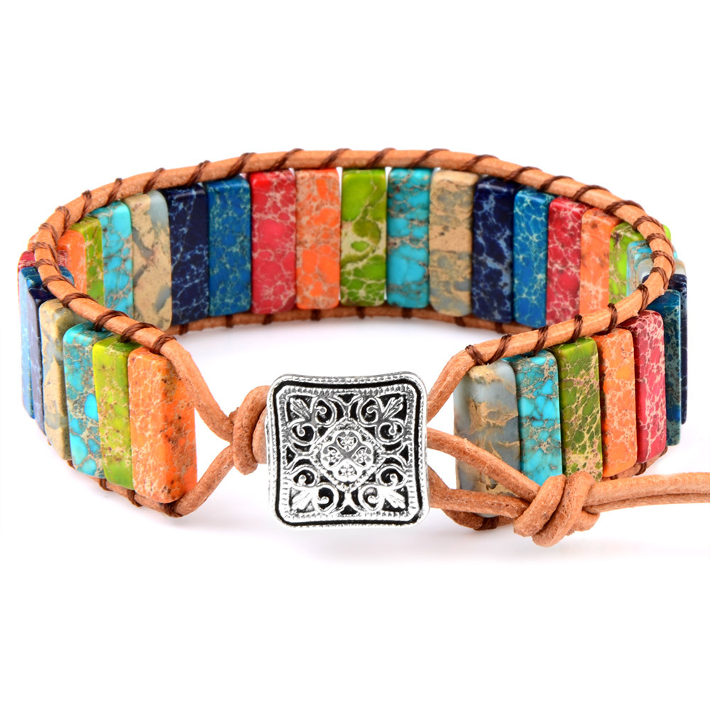 Bohemia Handmade Tube Emperor Natural Stone Beads Braided Leather Wrap 7 Chakra Bracelet