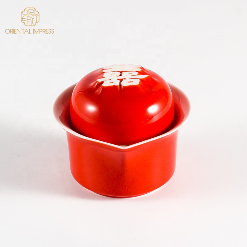 2021 new design 3D Chinese character double happiness ceramic portable tea set 1 teacup and 1 teapot with filter