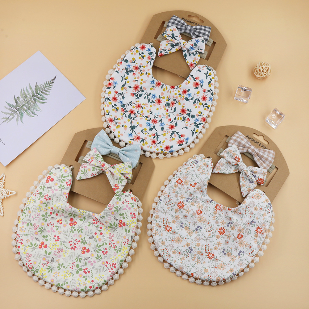 Packaging Floral Headband with Absorbent Drooling Bibs Set Breathable Cotton Burp Cloths with Headband Gift Baby Bandana Bibs