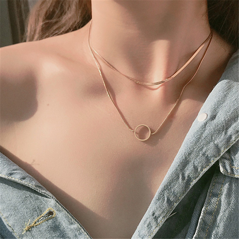Temperament Real Gold Plated Titanium Steel Circle Pendant Necklaces Double Layer Snake Bone Chain O Shape Necklace For Women