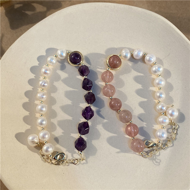 Amazon Hot Sale 18K Gold Plated Adjustable Pearl Bracelet Ins Geometric Irregular Freshwater Pearls Amethyst Beaded Bracelets