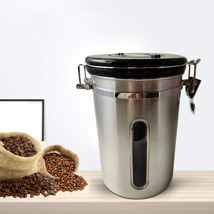 1800ml stainless steel coffee beans container storage with date tracking and clear window for coffee shop