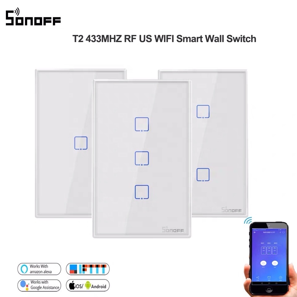 Sonoff T2 США RF Wi-Fi переключатель сенсорное управление настенный выключатель света E7WIN Gang 120 тип панели Настенный сенсорный выключатель света 433 МГц умный дом