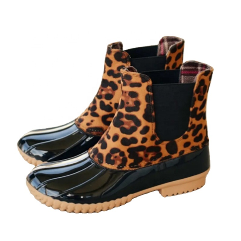 New Pu Leather Duck Boots Leopard Waterproof Rain Boots Female Winter Jelly Rubber Ankle Boots Fur Booties