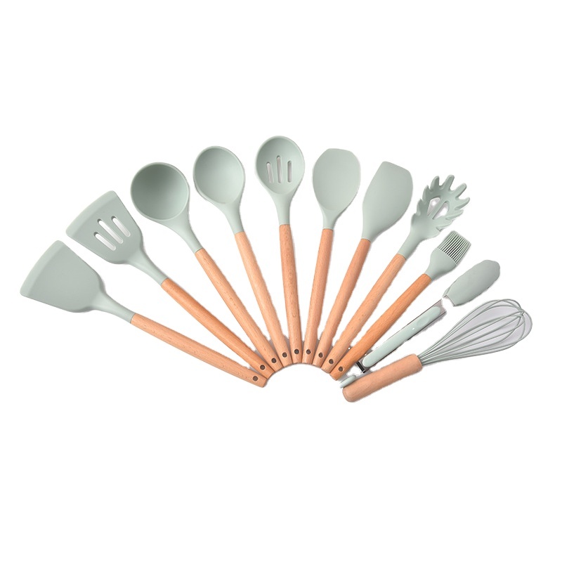 12pcs Silicone Cooking Kitchen Utensils Set With Holder Wooden Handles Cooking Silicone Kitchen Utensil Set Tongs Spatula