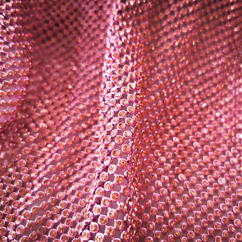 Customized 3mm Rhinestone metal mesh fabric Pink stone Pink metal base pink Fuchsia Metallic mesh fabric fashion trend fabric