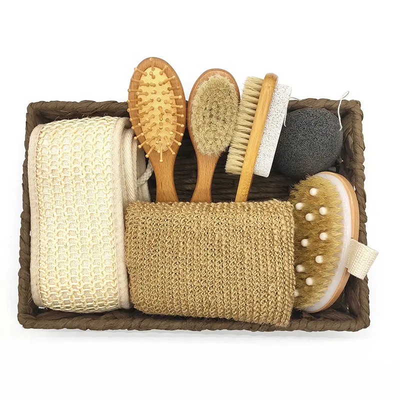 Natural Wood Bath Body Care Gift Spa Kit Facial Brush Konjac Sponge Foot Nail Sisal Bath Glove Belt Set Shower Scrubber Brush