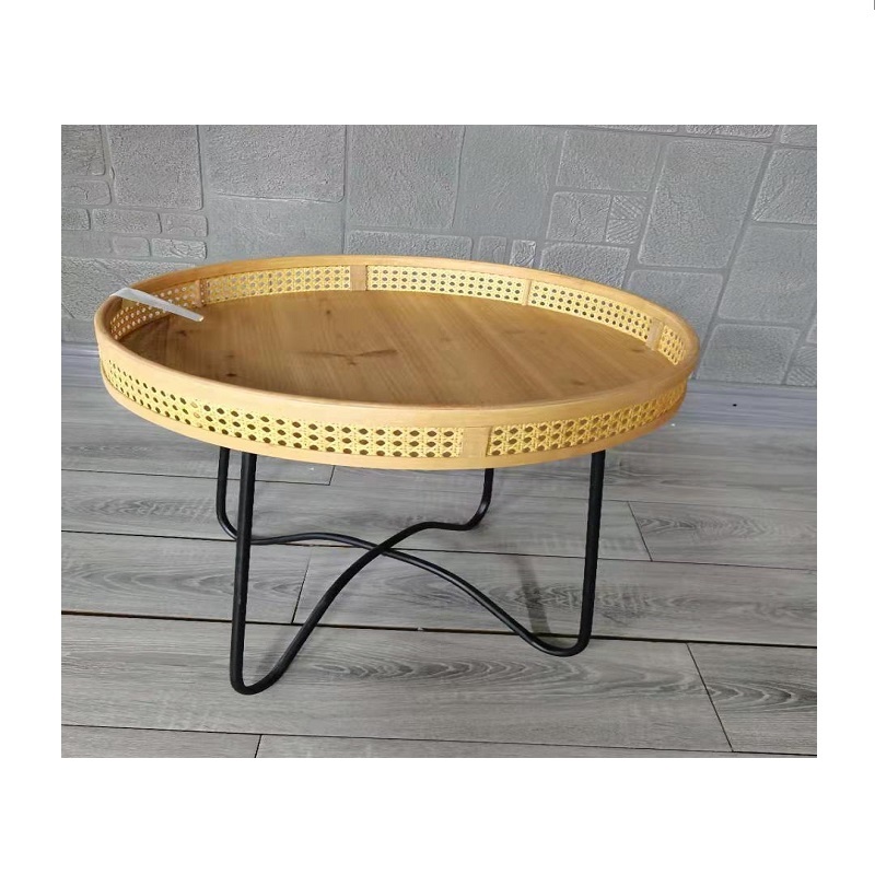 Innovahome Living Room Small Round Vintage Furniture Industrial Storage Natural Rattan / Wicker Wood Metal Coffee Table