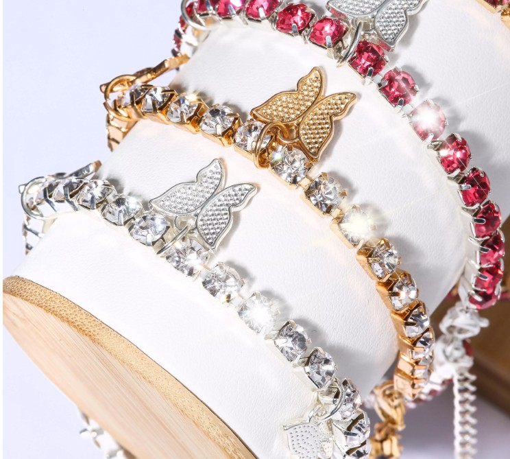 Cuban link ankle bracelet Zinc Alloy Rose Gold diamond ankle charm foot jewelry butterfly anklet necklace for women