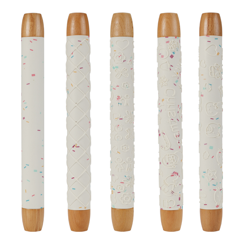 Factory price Embossing engraved silicone baking Dough noodle rolling pin with wooden handle