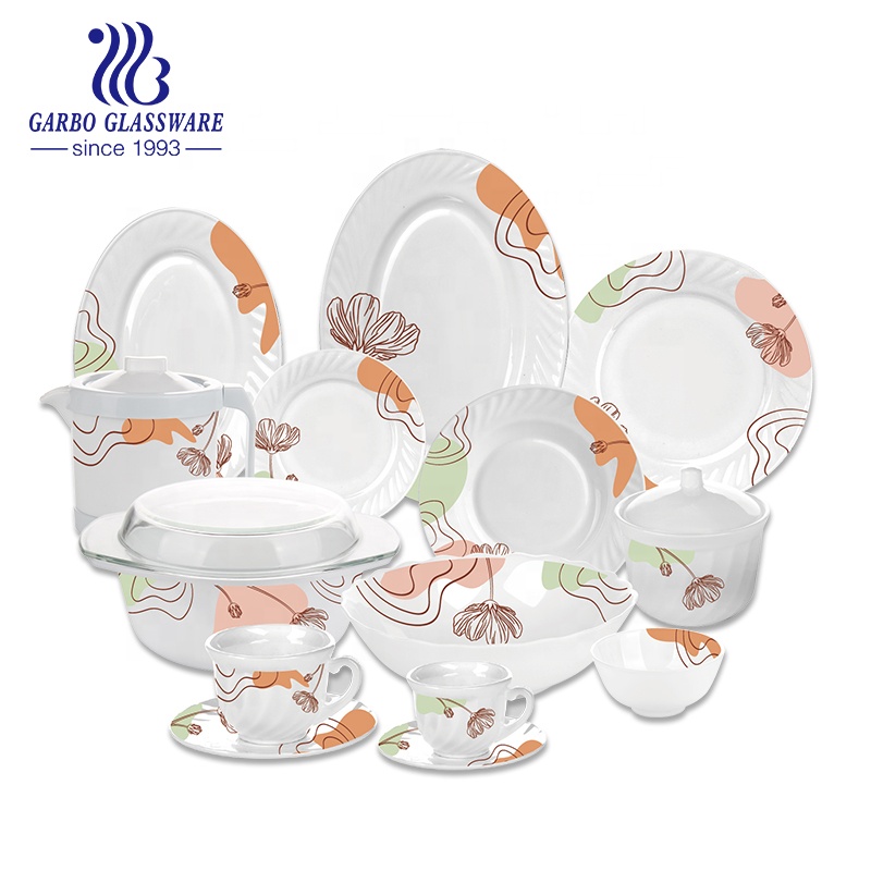 Factory Cheap 58pcs OEM custom decor opal glassware tableware tempered dinner set opal glass dinnerware sets