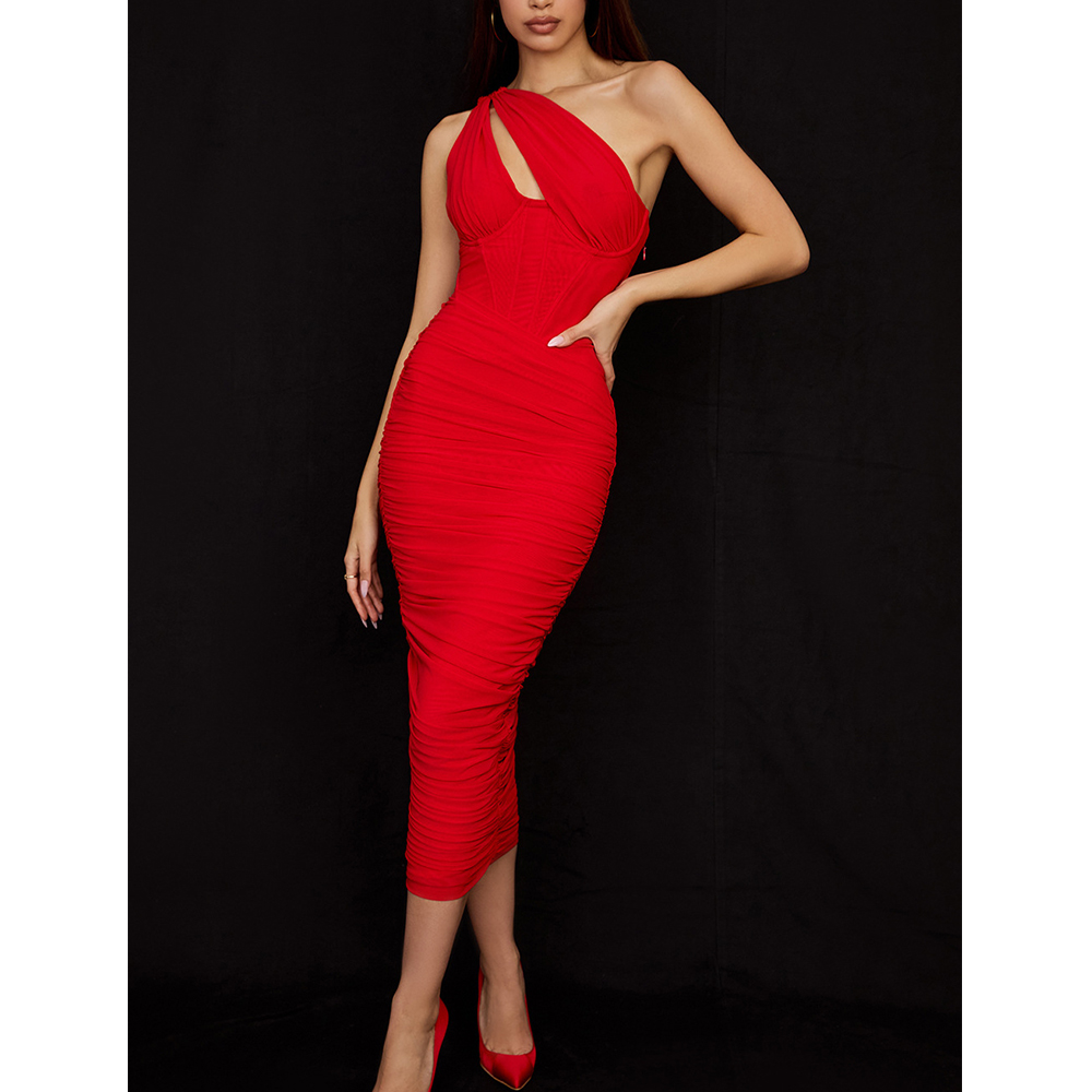 Оптовая Сексуальные Одно Плечо Bodycon Красные Сетчатые Миди Женские Вечерние Платья