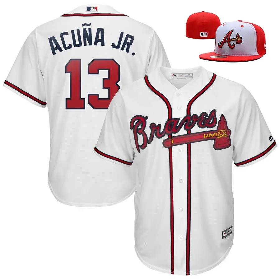 Custom Baseball Jersey and custom fitted hats set 13 Ronald Acuna Jr. Atlanta High quality Mens Embroidery Baseball Jersey