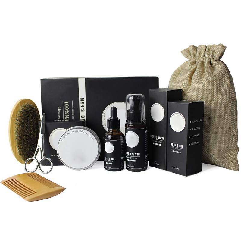 Hot Sale 8 Styles Organic Beard Care Set Facial Hair Comb And Brush Oil Cream Trimmer Mustache Grooming Portable Kit For Men