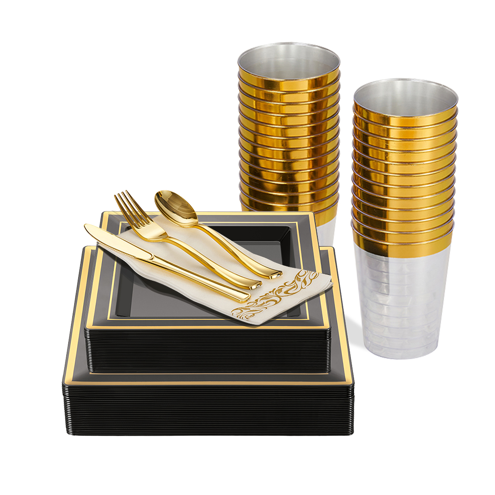 Cheap golden rim decorative wedding party disposable square plastic plates and cutlery set