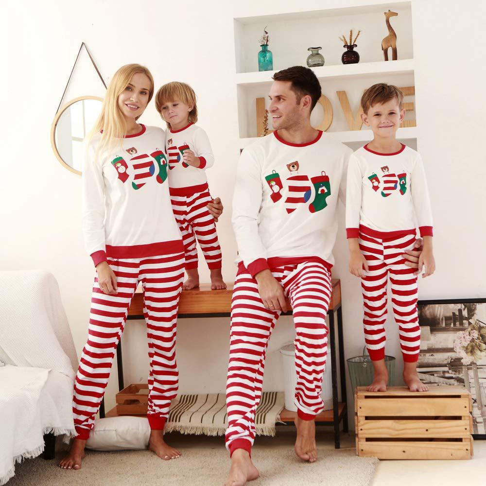 Matching Family Red Striped Clothes Mum and Me Holiday Pajamas Cotton Christmas Jammies