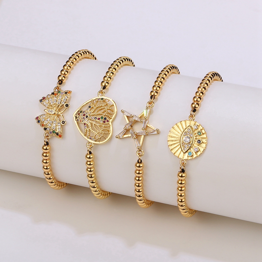 Hot sale gold plated beads butterfly bracelet micro pave evil eye charm bracelet for woman