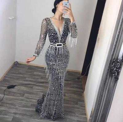 Wholesale tassel embellished formal luxury gown party elegant ladies long sleeve sexy women evening dresses