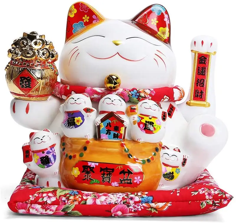Chinese Feng Shui White Ceramic Lucky Waving Cat Figure with Moving Arm Maneki Neko Waving Fortune Cat L26xW22xH23CM,