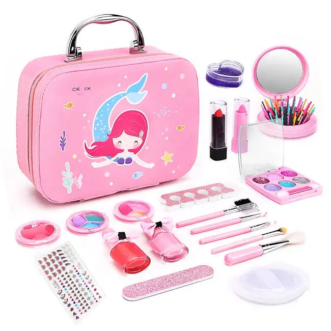 Samtoy Pretend Play Beauty Children Cosmetic Bag Make Up Set Lipstick Nail Polish Washable Girls Makeup Kit Sets Toy for Kids
