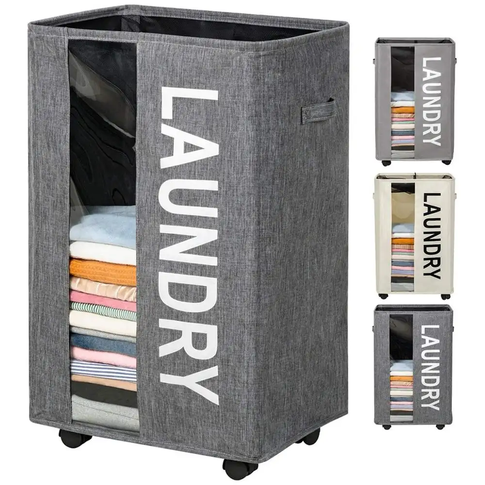 90L Extra Large Laundry Basket Hamper with wheels Clear Window Tall Collapsible Dirty Clothes Laundry Hamper