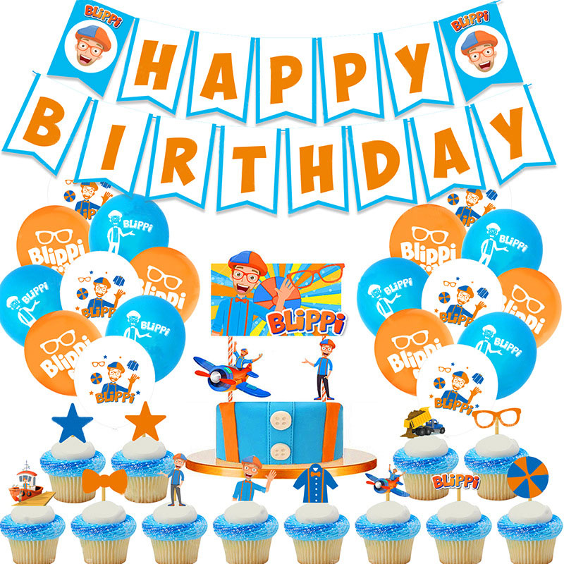 Украшения для дня рождения blippi, флаг на день рождения, топпер для торта, брендовый воздушный шар blippi, детская вечеринка, товары для вечеринки blippi