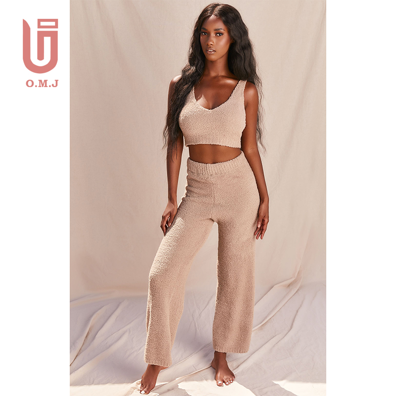 High quality custom logo sleeveless crop top and petite cosy wide leg trousers two piece pants sets