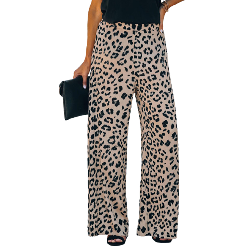 2021 Modern Resort Latest Design High Waisted Linen Women Clothing Leopard Print Womans Wide Leg Pants