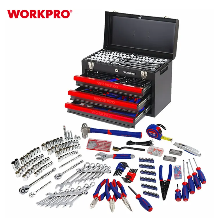 WORKPRO 408 PC Mechanical Tools Kit with Tool Cabinet Storage Case Hand Metal File 3-Drawer Heavy Duty Metal Box