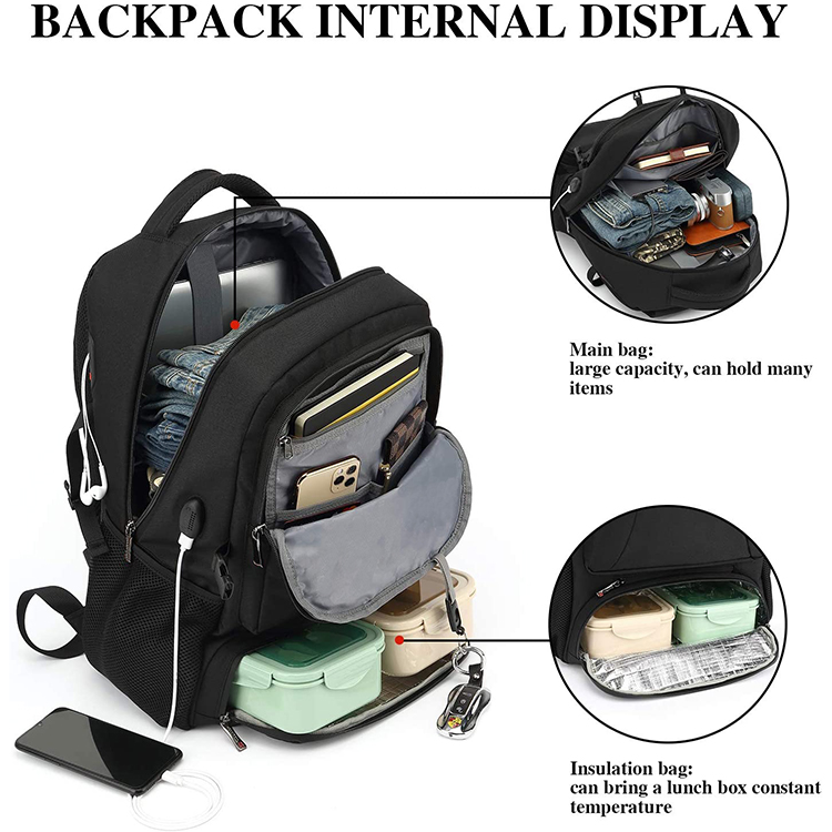 15.6 Inch Laptop Backpack Bag Multi-functional Waterproof Travel Lunch Backpack with Insulated Compartment   USB Charging Port