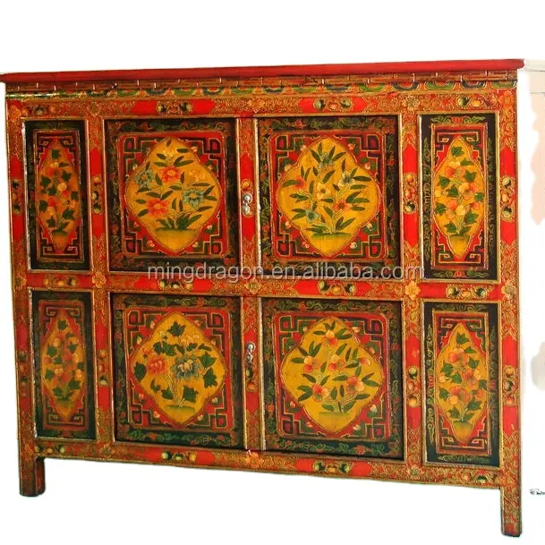 Chinese antique solid wood hand painted Tibetan cabinet
