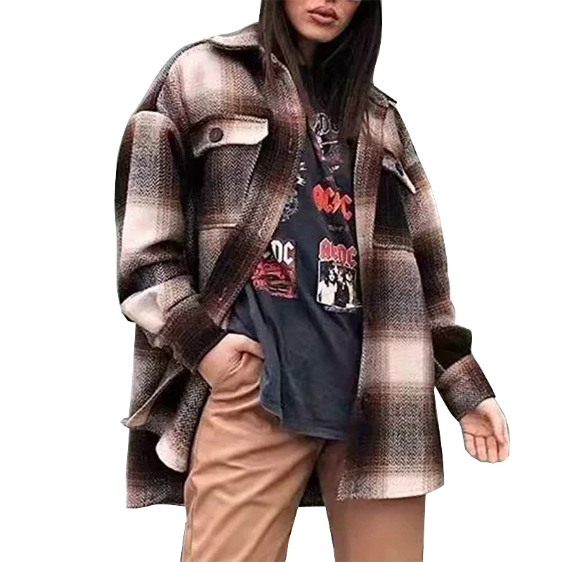 2021 New Wholesale Custom Women Mujer Ladies Fall Winter Casual Brown Purple Plaid Oversized Single-Breasted Jacket And Coat