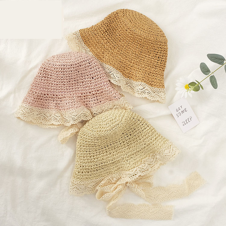 Ins Children Lace Bow Outing Sunscreen Foldable Breathable Fisherman Straw Hat Girl Trendy Bucket Hat Straw Fedora Hat