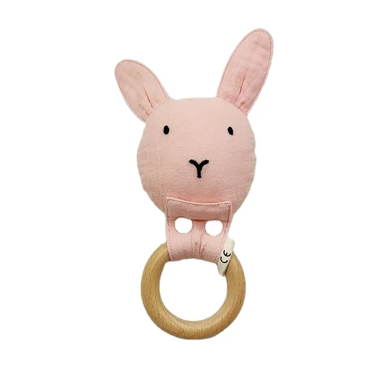 High Quality Custom Cute Animal Wood Ring Handmade Cotton Cloth Baby Bunny Teether Rattle