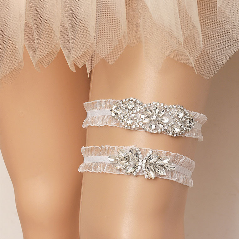 Sexy White Rhinestone Leg Garter Belt 2PCS/Set Exquisite Elastic Lace Wedding Bridal Garter for Women