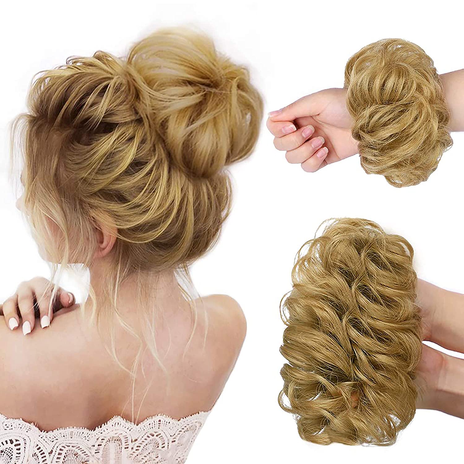 Women and Girls Curly Brown Scrunchie Chignon Hair Bun With Rubber Band Synthetic Hair Ring Wrap On Messy Hair Bun Ponytails
