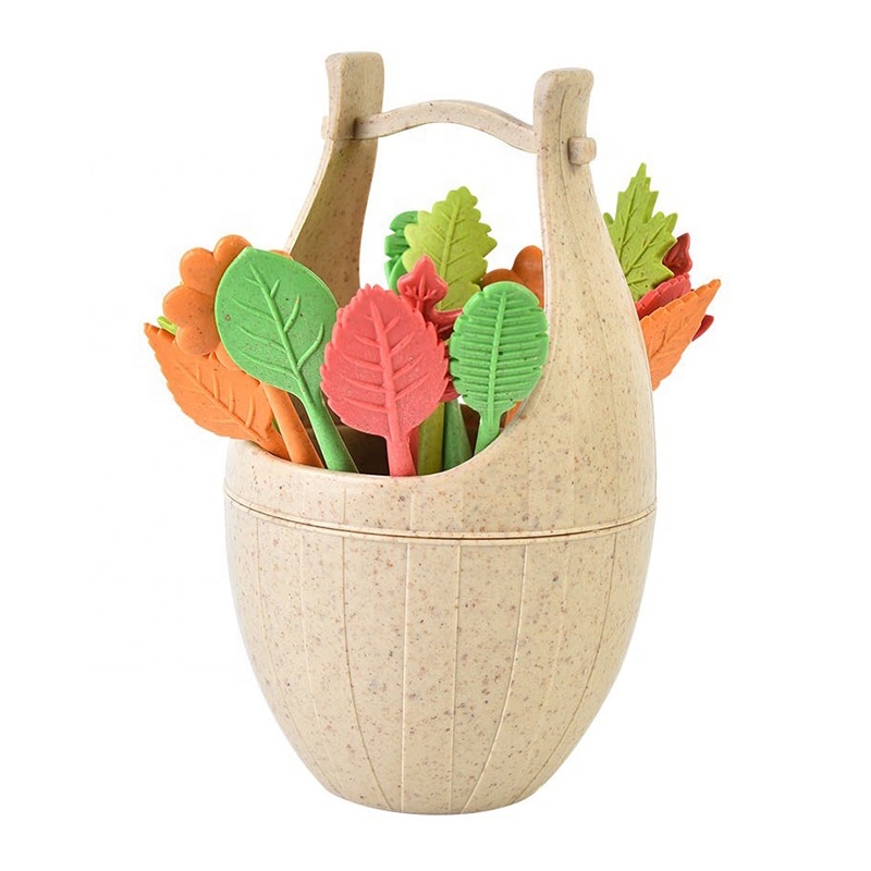 Fruit Fork Dessert Fork Cocktail Stick Leaf in Barrel Shaped Flatware Salad Forks Fruit Cake Dessert Stick Set for Food Fruits