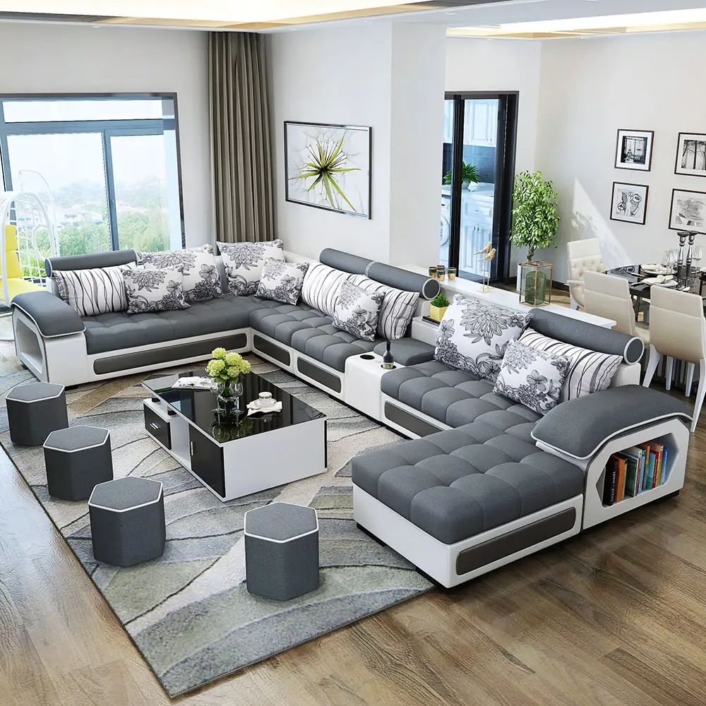 Modern Design Sectional Bedroom Sets Furniture Grey Pink Sofa Bed Fabric Velvet 7 Seater Sofa Set Furniture Living Room Sofas